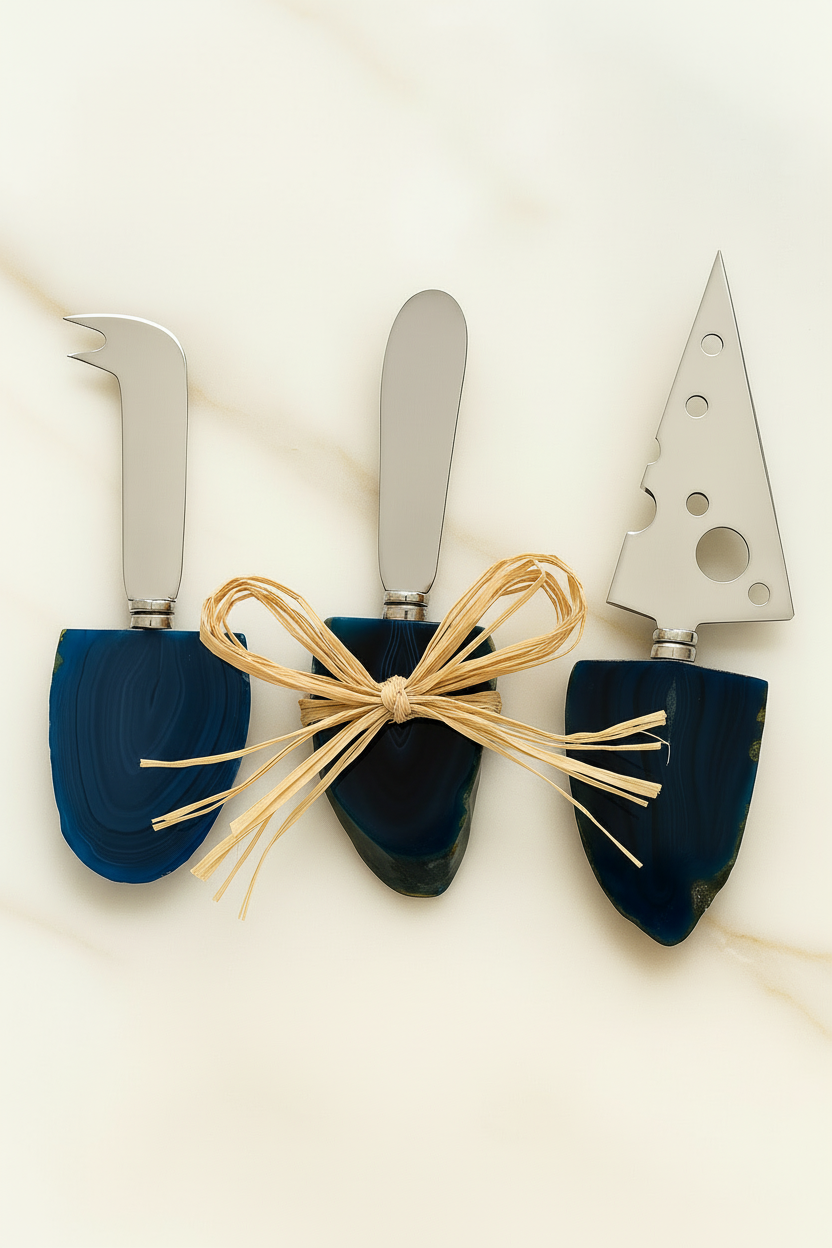 TRIO DE FACAS DE QUEIJO COM CABOS EM ÁGATA AZUL