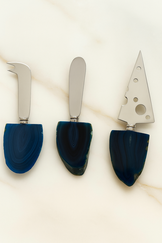 TRIO DE FACAS DE QUEIJO COM CABOS EM ÁGATA AZUL