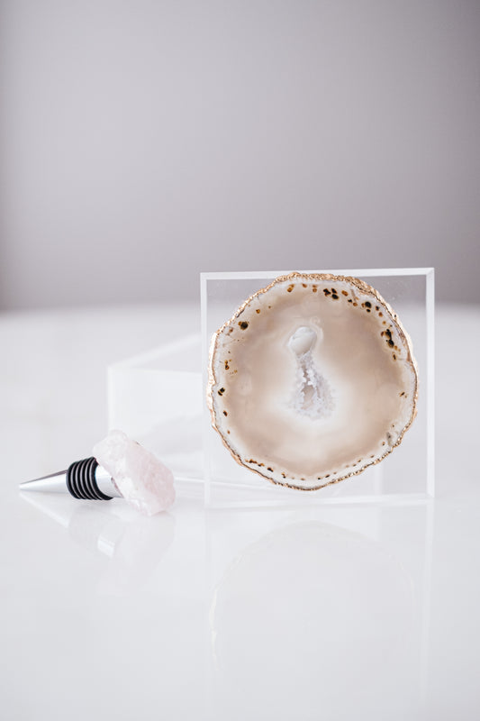STOPPER DE VINHO COM QUARTZO ROSA & CAIXA ACRÍLICA COM ÁGATA ✨